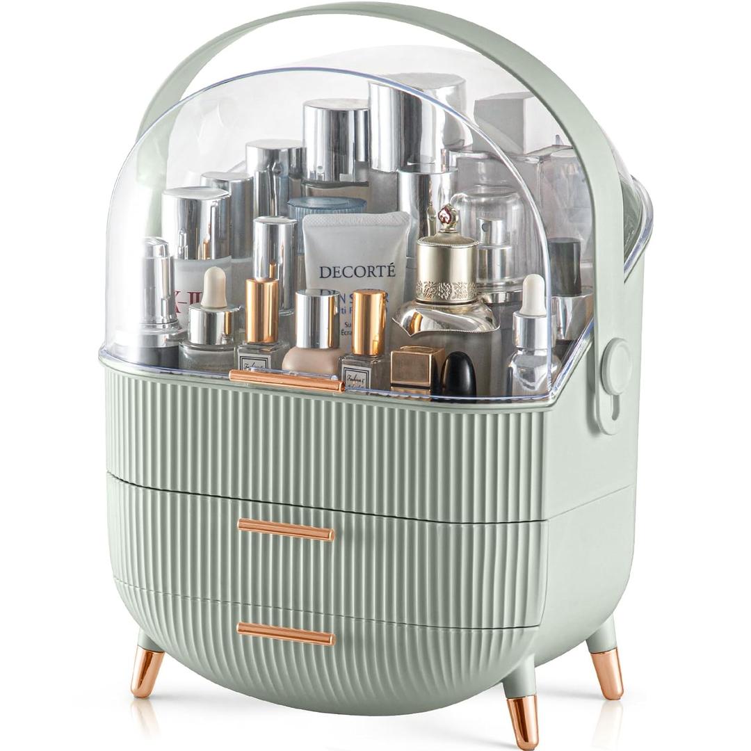 CANITORON Makeup Organizer,Skincare Organizer with 2 Drawers and Transparent Cover,Cosmetic Display Case for Vanity Organizer and Bathroom Countertop Storage.(Sage Green) (Large, Mint)