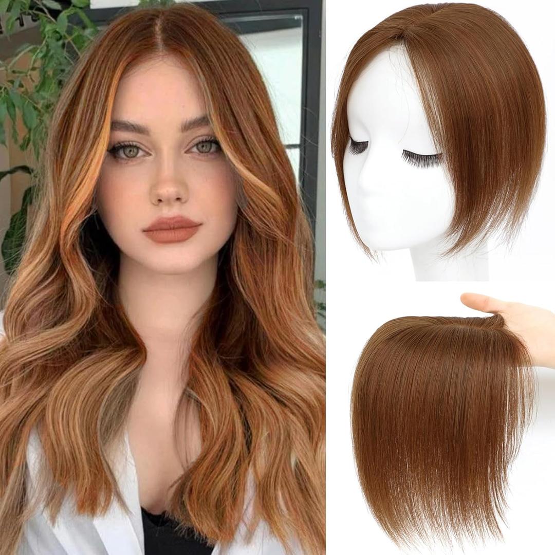Hair Toppers for Women Real Human Hair, 360 3D Cover Toppers Hairpieces for Women with Thinning Crown Side Bangs Realistic Scalp Hairline (Light Brown, Side Bangs)