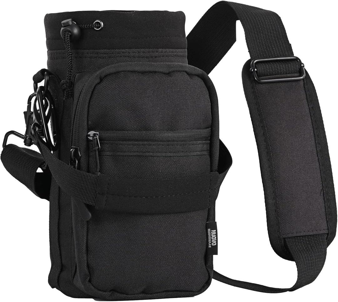 Nuovoware Water Bottle Carrier, 40oz Bottle Carrier Sports Insulated Water Bottle Holder with Adjustable Shoulder Strap, 2 Pockets Flask Sling Bag Drawstring Pouch for Climbing Hiking Walking (Carbon Black)