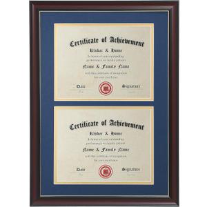 ELSKER&HOME Double Certificate Frame-Cherry Wood Color Golden Rim- 2.0 mm Panels-Made for Document&diploma For TWO 8.5x11 Inch with Mat and 14x20 Inch without Mat(Double Mat,Navy with Golden Rim)