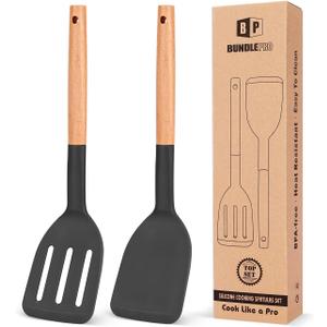 Pack of 2 Silicone Cooking Spatula, Heat Resistant Solid Turner, Non Stick Slotted Spatulas with Wooden Short Handle,Ideal Wood Kitchen Utensils Set for Frying, Baking, Flipping, Turning