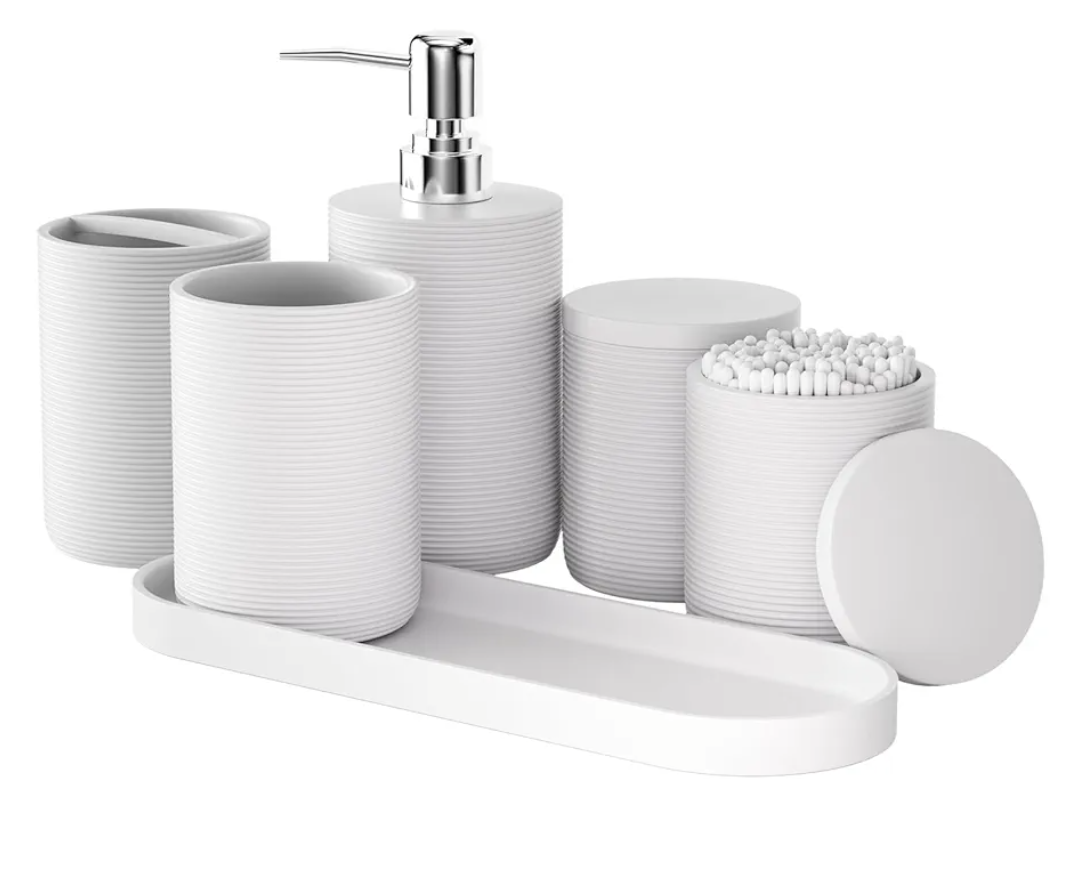 6-Piece Bathroom Accessory Set Resin, White Bath Accessories Complete with Toothbrush Holder, Lotion Soap Dispenser, 2 Qtip Holders,Vanity Tray,Bathroom Tumbler - Countertop Vanity Organizer
