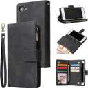 UEEBAI Wallet Case for iPhone 7/8/SE 2022 5G/SE 2020, Premium PU Leather Magnetic Handbag Zipper Case Kickstand Card Slots Wrist Strap Flip Cover for iPhone SE3/SE2 - Black