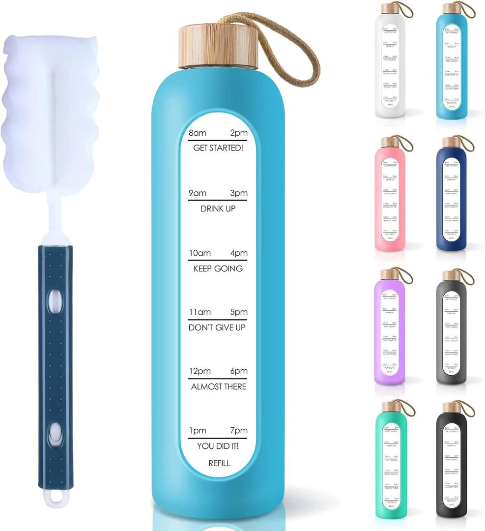 PROBTTL 32 Oz Borosilicate Glass Water Bottle with Time Marker Reminder Quotes, 1 Liter Leak Proof Reusable BPA Free Motivational Water Bottles with Silicone Sleeve and Bamboo Lid (Sky Blue)