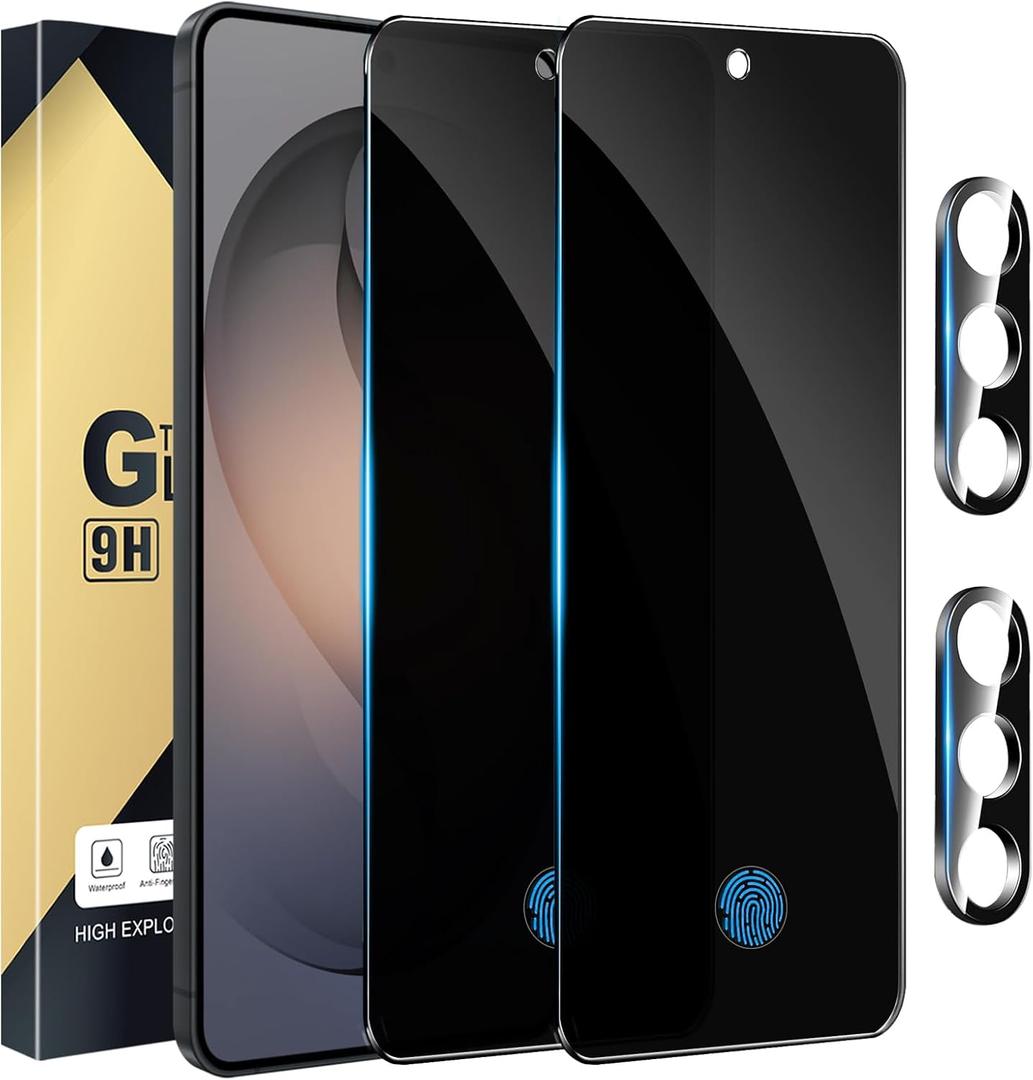3 x 2 Pack Privacy Screen Protector Compatible with Galaxy S26 Plus 5G - Tempered Film [Fingerprint Unlock Support] - Camera Lens Protectors - Installation Frame - High Clarity - Anti-Spy Protection