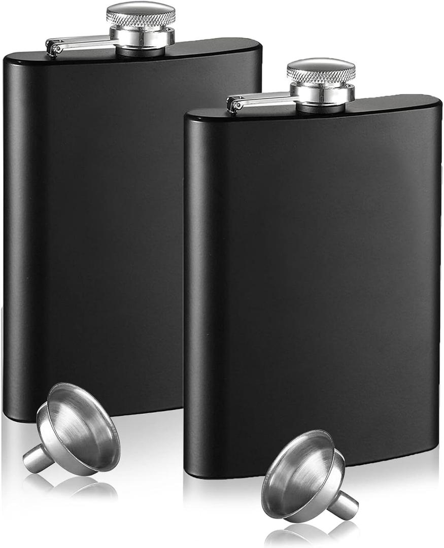 Tebery 8 oz Stainless Steel Black Hip Flask Set Leakproof Flask with Free Bonus Funnel Great Groommans or Bridal Wedding Gift, Set of 2