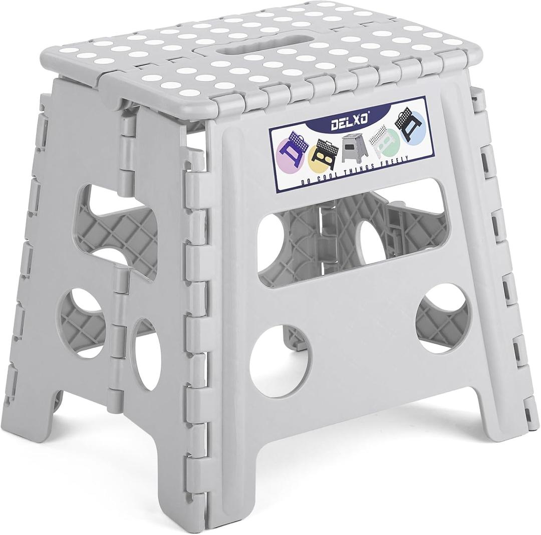 Delxo Folding Step Stool, 13 inch Non-Slip Foldable Stools for Kids & Adults Up to 300 LBS, Step Stool with Handle, Lightweight for Kitchen, Bathroom, Bedroom, Garden, Grey, 1PC (Gray)