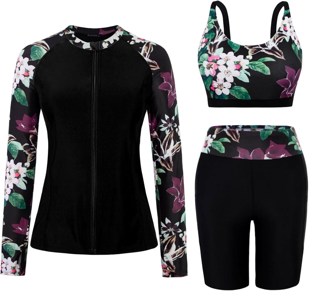 Arolina Womens Rash Guard Long Sleeve Swim Shirts Swimsuit 2026 Bathing Suit with Womens Swim Shorts & Two Pockets (X-Large, Purple Flowers)