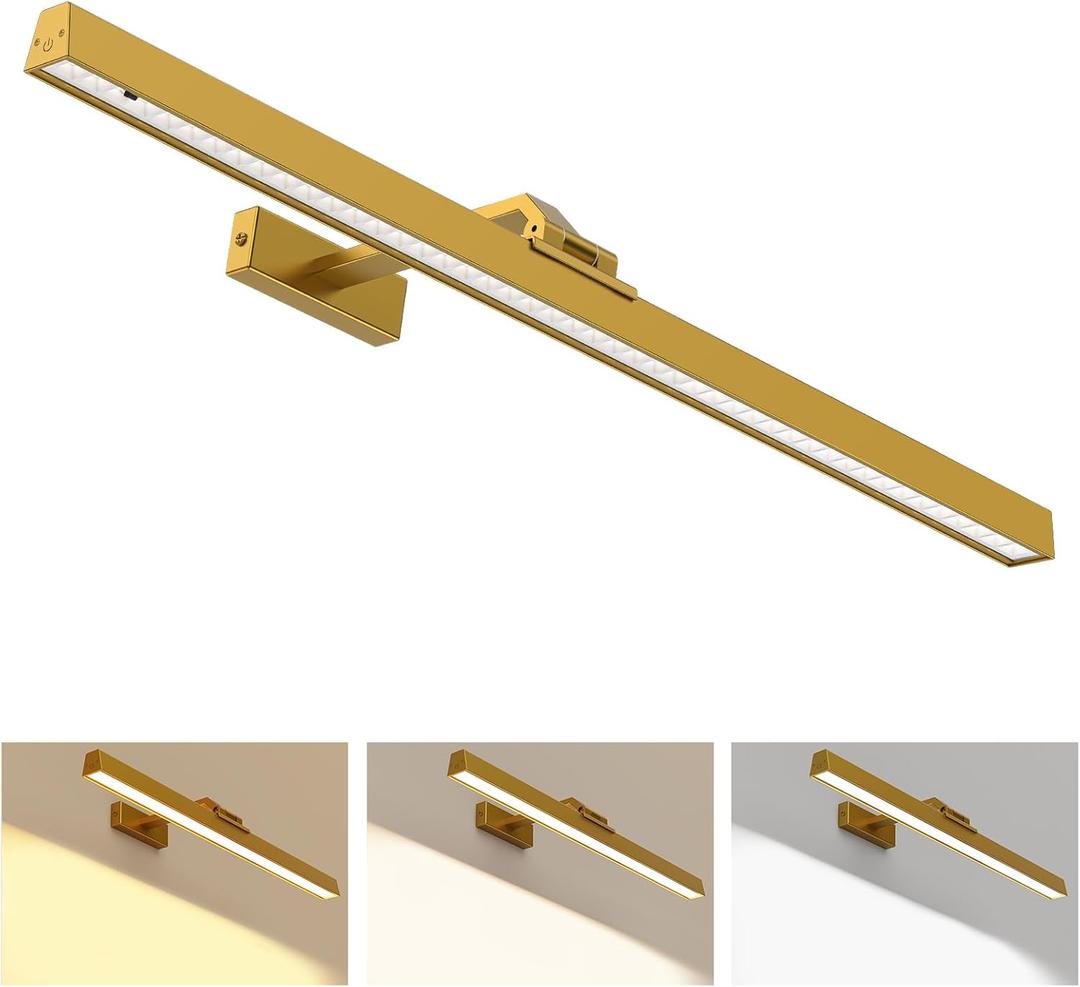 Picture Lights for Wall, Battery Operated Picture Light 24in Gallery Light for Paintings CCT Dimmable Recharging Battery Wall Light with Remote Control for Living Room Gallery Dartboard (Gold)