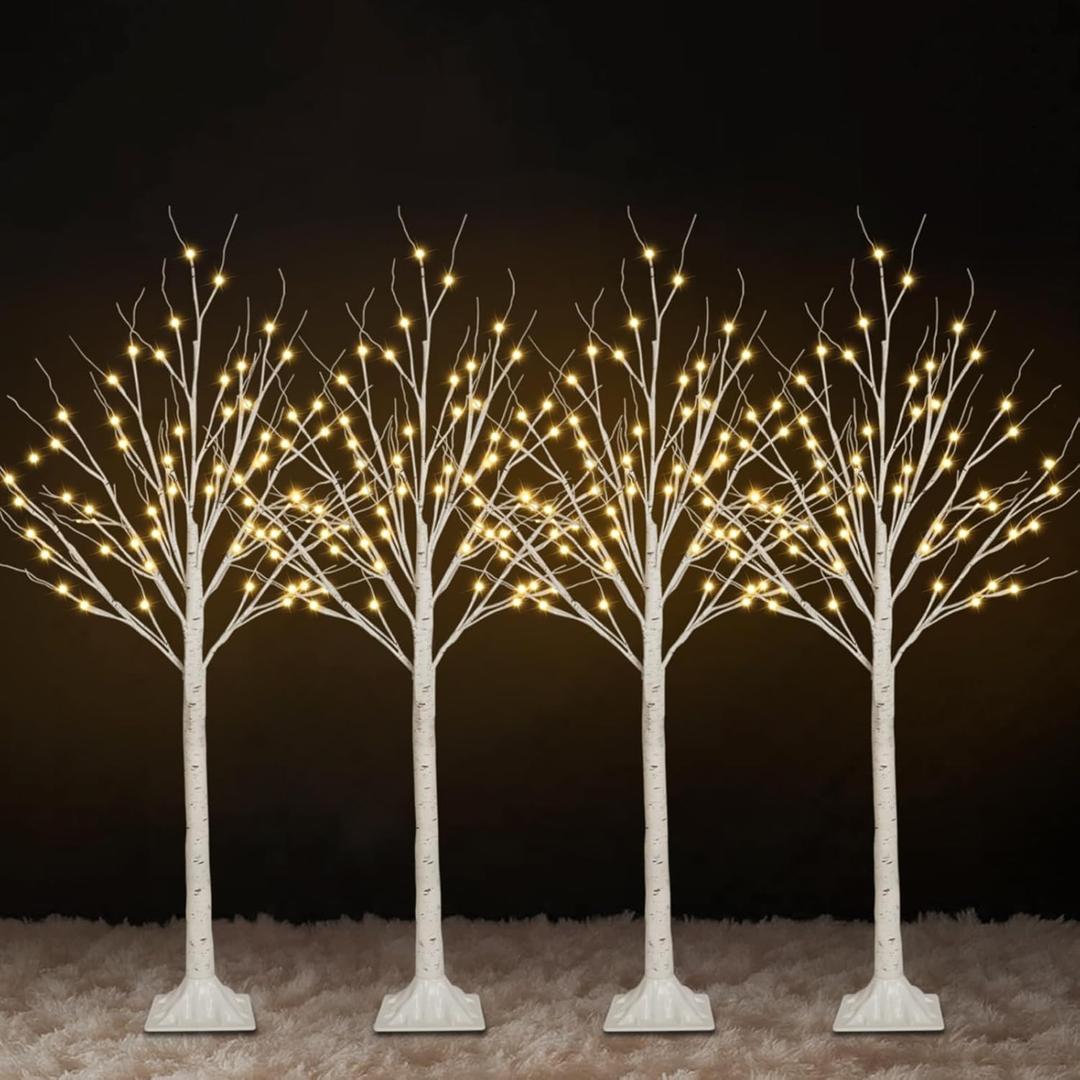 4Pack 4FT Lighted Birch Trees (Higher Size & Floor Standing), 192 LED Twinkling Birch Christmas Tree Lights for Indoor & Outdoor, 2 Modes Warm White Tree Lights for Christmas Thanksgiving Home Decor