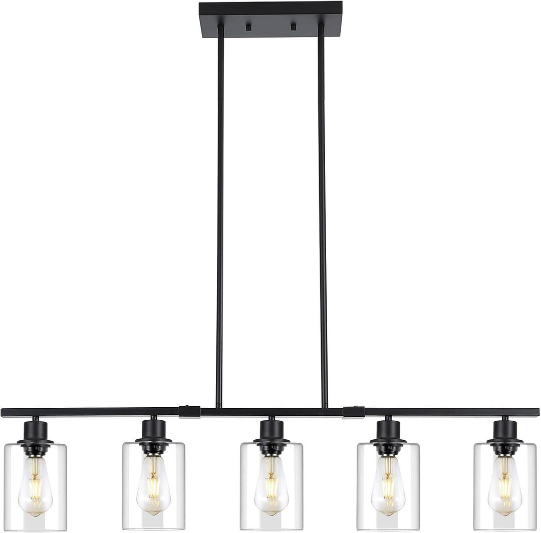 39.4" Kitchen Island Lighting, 5 Lights Clear Glass Pendant Light Fixtue, Black Linear Metal Chandelier for Dining&Living Room Foyer,Height Adjustable,E26 Socket