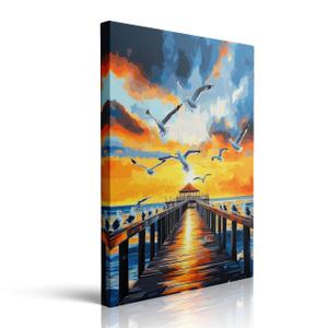 Canvas Wall Art Framed Seagull Beach Pier Sunset Coastal Ocean Vibrant Colorful Impressionist Nautical Seascape Wall Decor for Living Room Office Beach House Tropical Calm Relaxing Decor 16x24 Inches