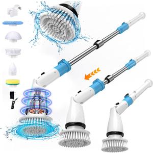 Electric Spin Scrubber, Shower Cleaner Brush with 5 Replaceable Cleaning Heads, 450RPM Bathroom Scrubber Electric with Long Handle for Cleaning Bathtub Tile Floor Kitchen Wall (Blue)