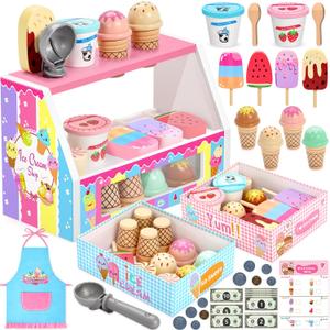INNOCHEER Ice Cream Toy, Wooden Ice Cream Play Set, Pretend Play Kitchen Toys, Ice Cream Toys for Toddlers, Ice Cream Shop Playset Play Store, Gifts Toys for 3 4 5 6 7 8+ Year Old Girls Boys