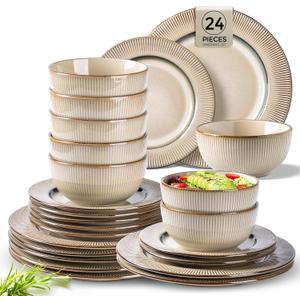 GBHOME Ceramic Dinnerware Sets, 24 pcs Embossed Elegant Stoneware Plates and Bowls Sets, Housewarming Wedding Gift | Dishwasher & Microwave Safe | Dishes Set Service for 8