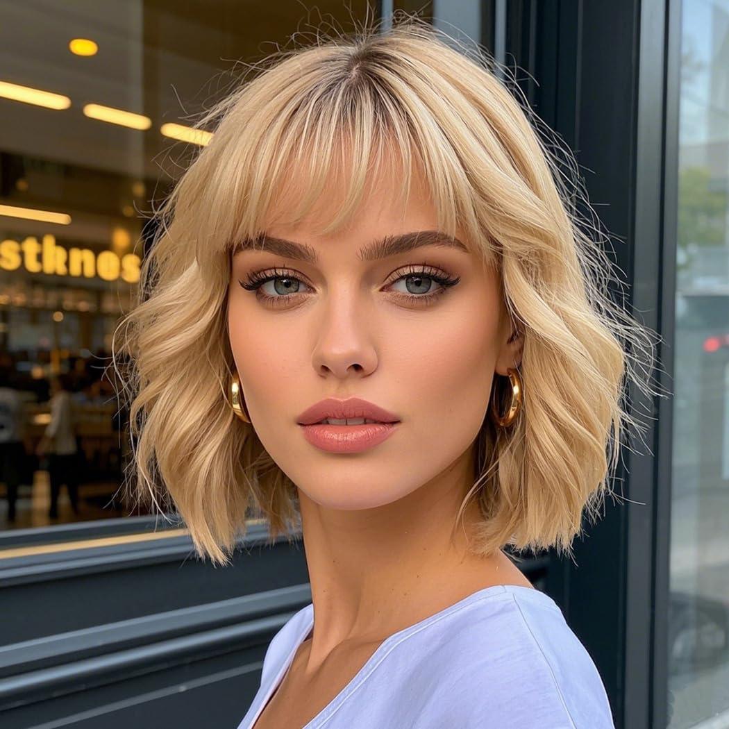 Ombre Blonde Bob Wig with Bangs Loose Wavy Blonde Wig for Women Heat Resistant Synthetic Wigs for Daily Party Use 14 Inch