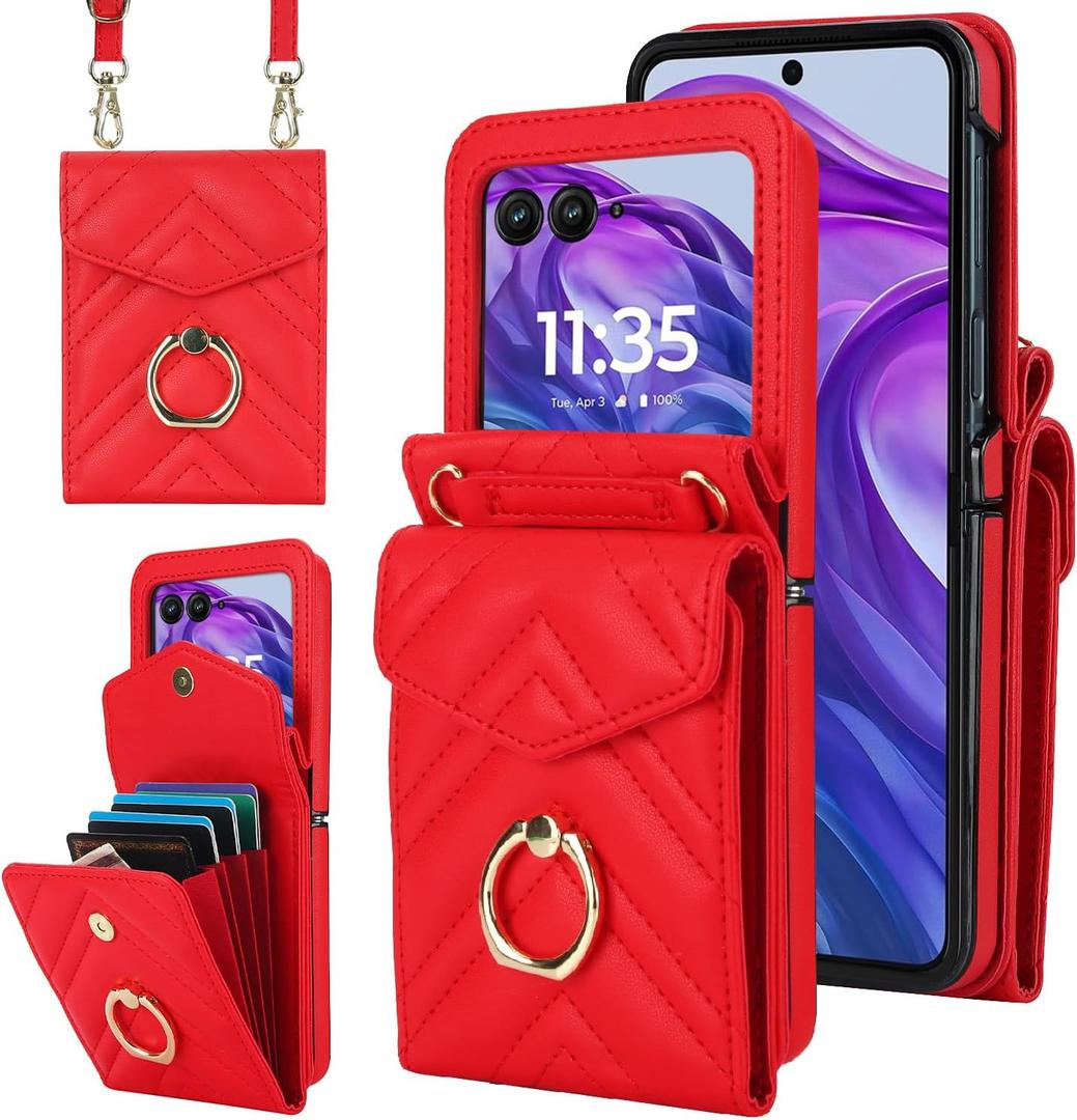 Asuwish Phone Case for Motorola Razr Plus 2025/Moto Razr 60 Ultra Wallet Cover with Ring Stand Card Holder Slot Crossbody Strap Lanyard RFID Blocking Purse Cell RazrPlus Plus2025 + 5G Women Girls Red