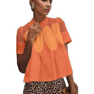 MISSACTIVER Women Lace Trim Short Sleeve Blouse Swing Crew Neck Ruffle Hem Mesh Shirts Summer Loose Poplin Babydoll Tops (Medium, Orange)