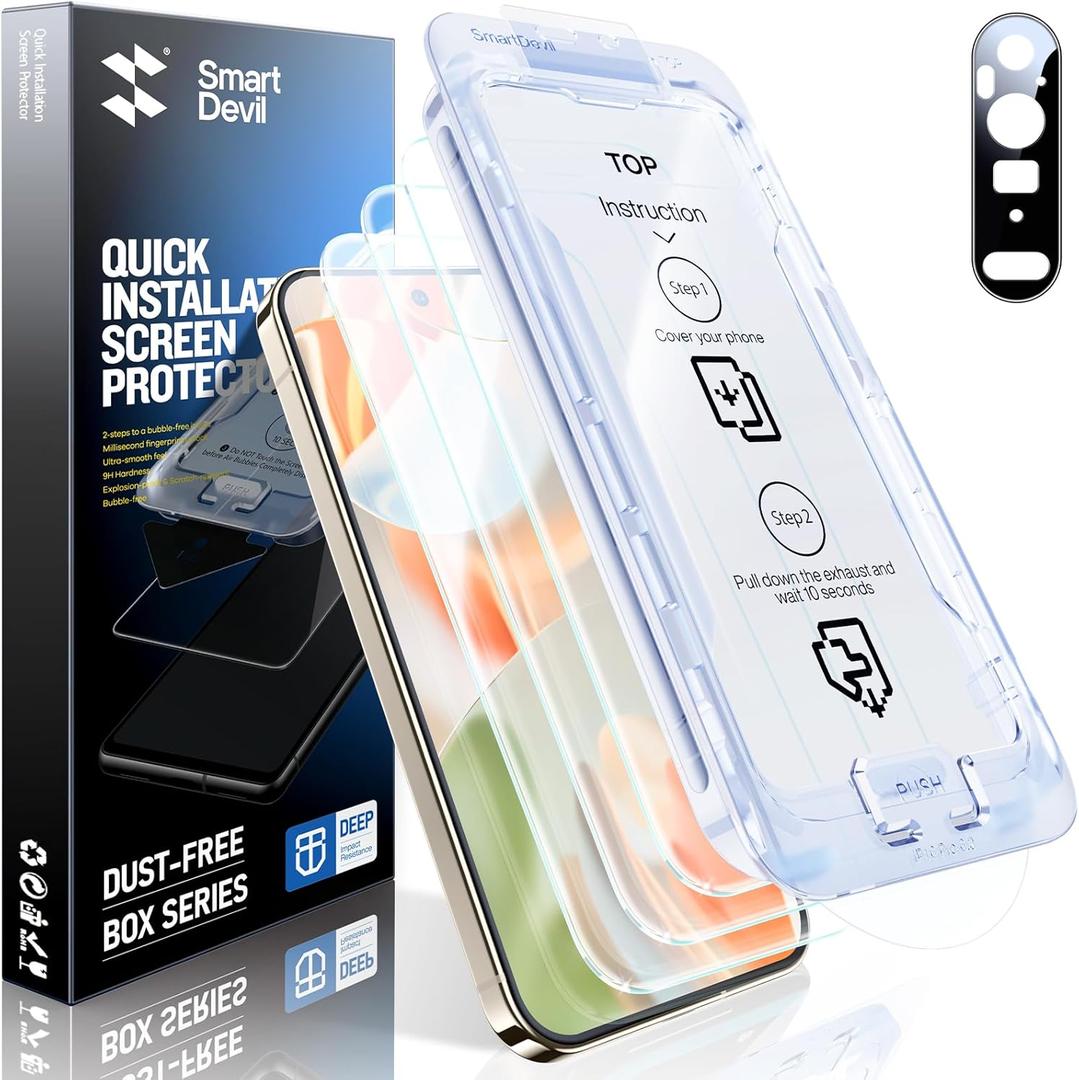 SMARTDEVIL [3+1 Pack Screen Protector For Google Pixel 9 Pro XL With Camera Lens Protector, FingerPrint Reader Compatible, Clear 9H Tempered Glass Film, Fast & Easy Installation, Alignment Frame