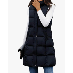 Tanming Women's Long Puffer Vest Casual Sleeveless Puffy Jacket with Removable Hood (M, Black)