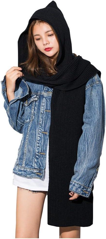 Women Winter 3 in 1 Hooded Hat Scarf Wrap Shawl Crochet Knit Pullover Neckwarmer, 120cm(After Folded) x 22cm (Black)