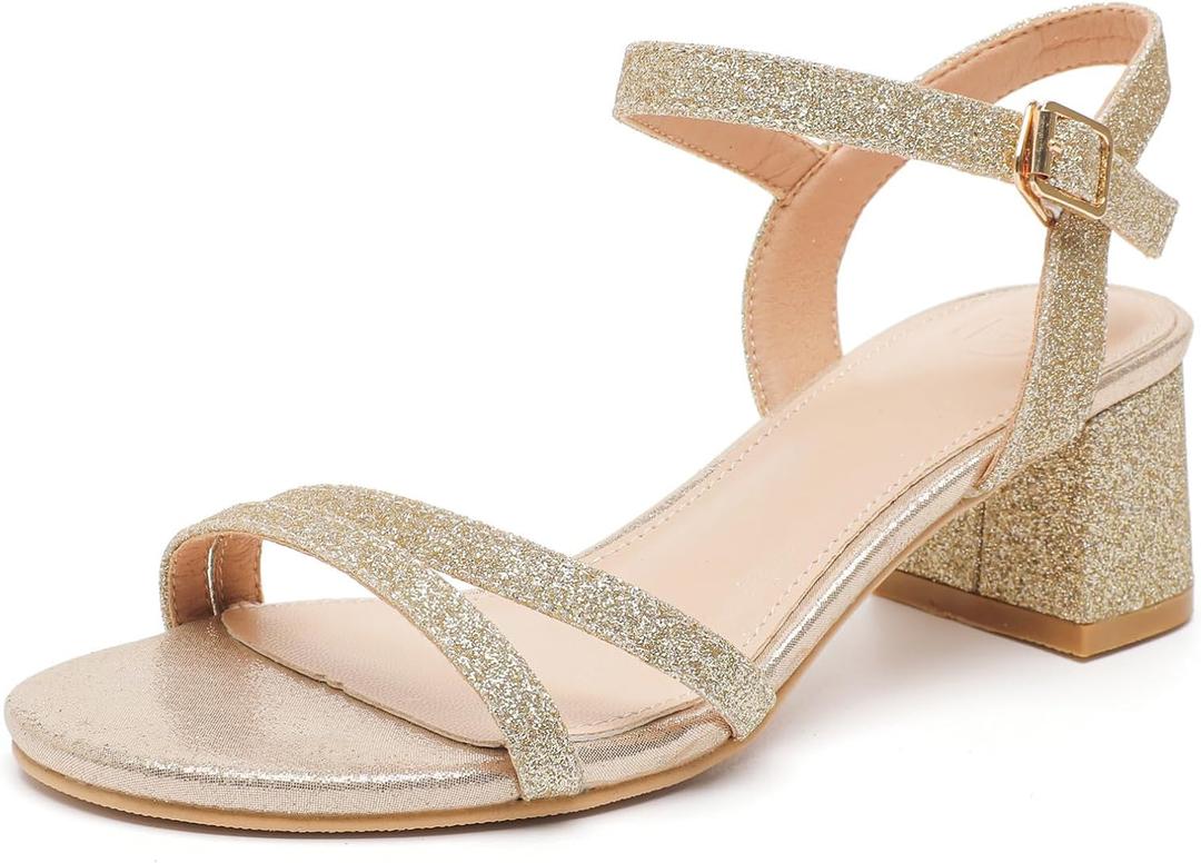 DADAWEN Women's Open Toe Ankle Strap Low Block Chunky Heels Sandals Party Wedding Dress Pumps Shoes, Size 9.5