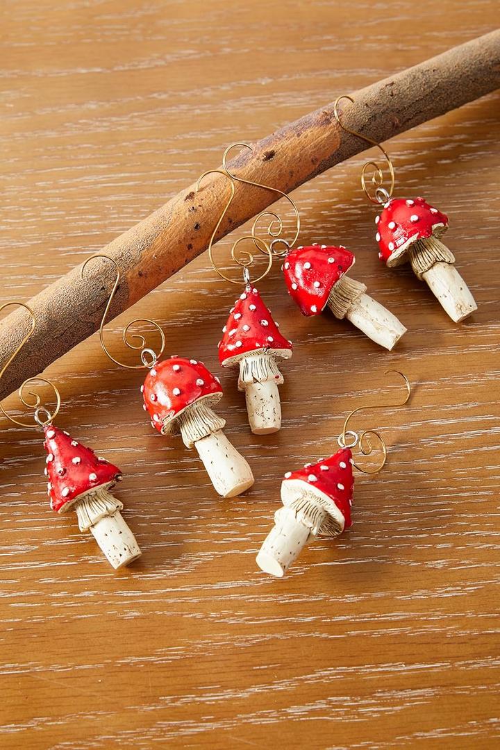 Estmy 6pcs Cute Mushroom Christmas Ornaments, Woodland Themed Red Vintage Small Mushroom Hanging Ornaments for Christmas Tree Decorations Gift, Hooks Included
