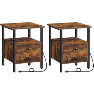 HOOBRO End Table Set of 2 with Charging Station, Bedside Table with 2 Drawer & USB Ports & Type-C Port, Nightstand for Small Spaces, Stable and Sturdy, for Living Room, Rustic Brown BF43UBZP201