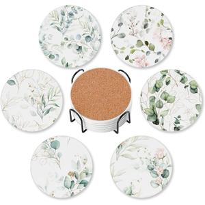 6 Pcs Drink Coasters with Holder,Abstract Watercolor Floral Green Leaves Absorbent Round Ceramic Coaster for Tabletop Protection,for Coffee Cup Beverage Coasters Wine Beer Bar