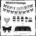 3 x Black Bow Happy Birthday Decorations - Women Girls Bow Theme Party Decorations with Honeycomb Centerpieces, Banner, Foil Balloons, Tablecloth, Elegant Black Girly Birthday Party Decor for Girls Women