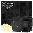 Focusound 52 Pack Acoustic Foam Panels 1" x 12" x 12" Sound Proof Foam Panles Soundproofing Noise Cancelling Wedge Panels for Home Office Recoding Studio with 300PCS Double-Side Adhesive