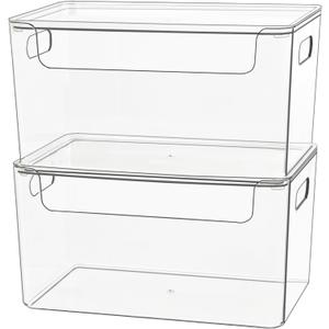 2 x Clear Plastic Storage Bin with Lid, Stackable Storage Boxes Organizing Bin for Pantry, Kitchen, Cabinets, Wardrobe, Closet, Dresser, Bathroom Storage and Organization (2pc-10x6.7x5.3)