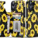LETO for iPhone 16 Plus Wallet Case - Flip Folio Leather Kickstand - Fashionable Flower Designs - Credit Card Holder - Protective Phone Cover for Women and Girls - 6.7" - Blooming Sunflowers