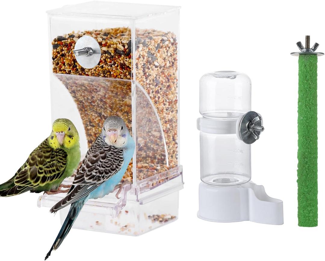 Set of 3 Automatic Bird Feeders and Waterers for Cage, No Mess Seed and Parrot Water Dispenser, Perch for Cages