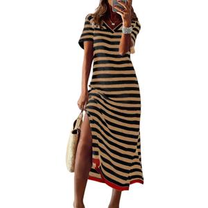 Dokotoo Women's Summer Casual Trendy 2026 Short Sleeve Maxi Dress Striped Split Vacation Color Block T-Shirt Dress (Brown, L)