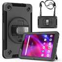 Junfire Shockproof Case for Lenovo Tab M8 4th Gen 2023, Heavy Duty Rugged Case with 360° Rotatable Kickstand/Hand Strap/Stylus Holder for TB-300FU/TB-300FX, Black