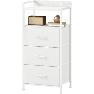 Somdot Nightstand with 3 Drawers, Dresser with Fabric Bins for Bedroom, Hallway, Entryway, Nightstand Bedside Table Furniture, Sturdy Steel Frame, Wooden Top, Easy Pull Fabric Bins, White Leather