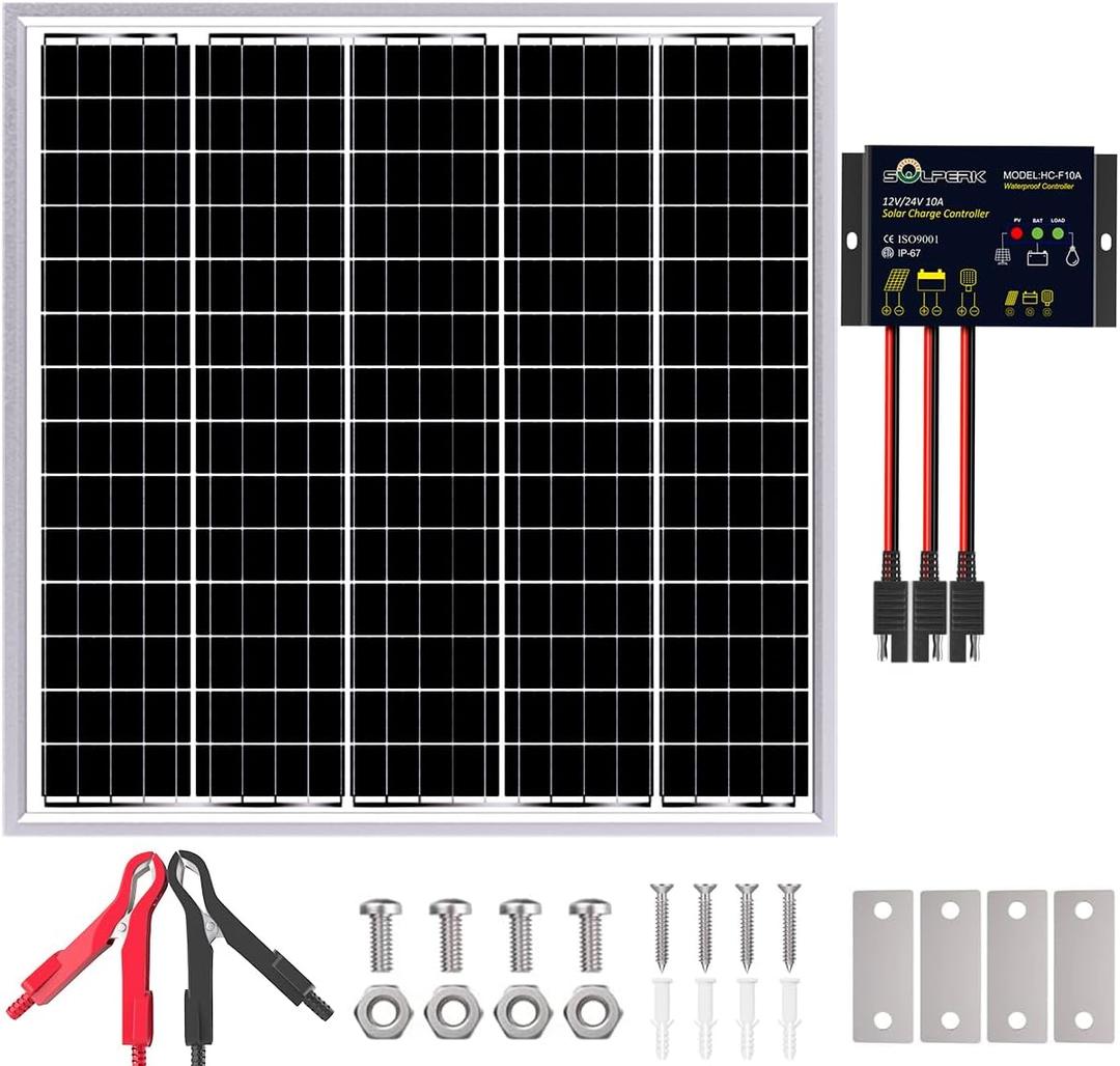 Solar Panel Kit 50W 24V, Intelligent Waterproof 10A PWM Controller, Home Outdoor Solar Battery Charger for RV Car Boat Marine Tractor Camping, 24 Volt Batteries Solar Panel Charger