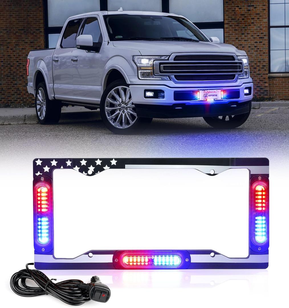 Xprite 36 LED License Plate Strobe Light, US Flag Front/Rear Police Light, 22 Flash Modes Emergency Safety Warning LED License Frame for Police Car Vehicle Truck, Red Blue (w/Pre-Installed 9FT Cable)