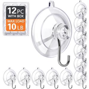KORCCI Suction Cup Hooks 12Pack - Max Load 10LB, 1.77Inch Clear Medium Suction Cups, No Trace, Reusable & Removable, Stainless Steel Hooks, for Tile, Glass, Window, Shower, Kitchen, Bathroom