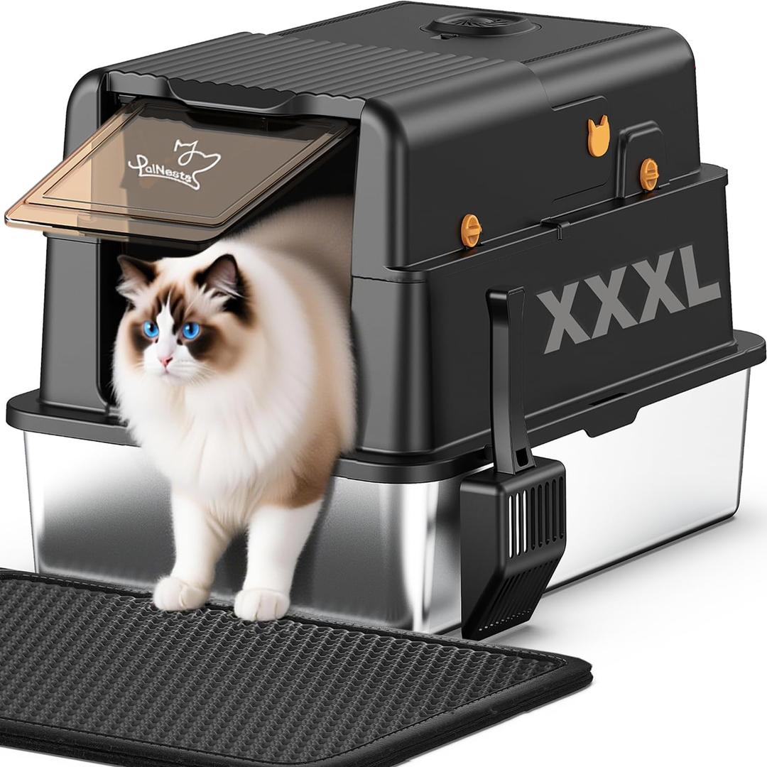 L8 Max-XXXL Stainless Steel Litter Box with Lid, 28" L x 20.5" W x 17.4" H Large Cat Litter Box for Big Cats, Cat Litter Deodorizer Included, High Sided Enclosure with Scoop & Mat, Anti-Leakage-Black