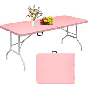 Portable 6Ft Plastic Folding Table, Heavy Duty 6ft Fold-in-Half Table with Carrying Handle, 6' Folding Utility Foldable Table for Picnic Party Camping Kitchen, Indoor/Outdoor (White)