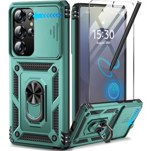 Taisairu for Samsung Galaxy S25 Ultra Case with Screen Protector & Slide Camera Lens Cover, Built-in Magnetic Ring Stand Shockproof Protective Phone Case for Samsung S25 Ultra Case (Green)