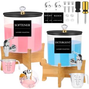Laundry Detergent Dispenser Set, 2 Pack Large and Small Acrylic Containers with Bamboo Stands, 1.25 Gallon Total, Laundry Room Organization