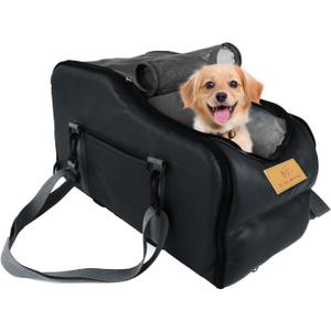 Multipurpose Console Dog Car Seat for Small Dogs & Cats Portable Pet Carrier with Safety Tether & Storage Pockets (Black, Middle)