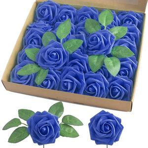 homEdge Artificial Rose, 25pcs Foam Artificial Flowers with Stem for Home Decorations, Wedding Bouquets, Party, Certerpieces, Anniversaries-Royal Blue