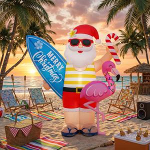 5ft Christmas in July Inflatable Decoration with LED Light Flamingo Santa Blow up Beach Outdoor Decor for Hawaiian Summer Yard Lawn Garden Party Holiday Decor