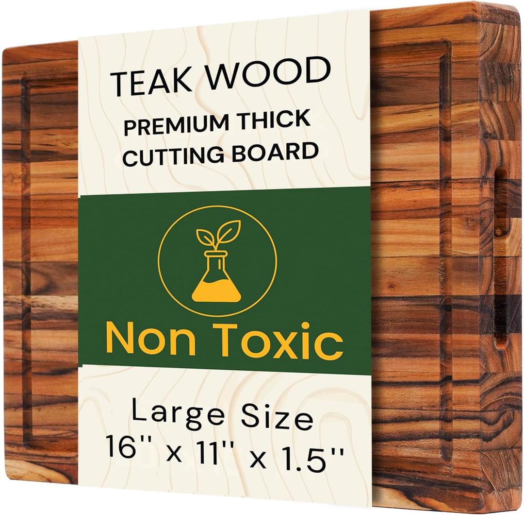 Large Teak Cutting Board 16" x 11" x 1.5" Thick Edge Grain Butcher Block for Meat & Kitchen Prep with Juice Groove and Handle, Solid Hardwood, Non Toxic Wood Cutting Board by New M Way