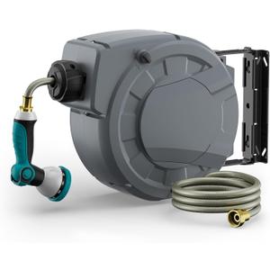 Retractable Garden Hose Reel 5/16 Inch x 33ft,Wall Mounted Hose Reel with 3/4 Inch Brass Fittings 10 Pattern Nozzle, Auto Rewind System, Any Length Lock, 180 Swivel Metal Bracket (Grey)