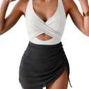 B2prity Women Mesh One Piece Swimdress Swimsuit Tummy Control V Neck Cutout Bathing Suit Wrap Drawstring Sarong Swimwear (XX-Large, White,black)